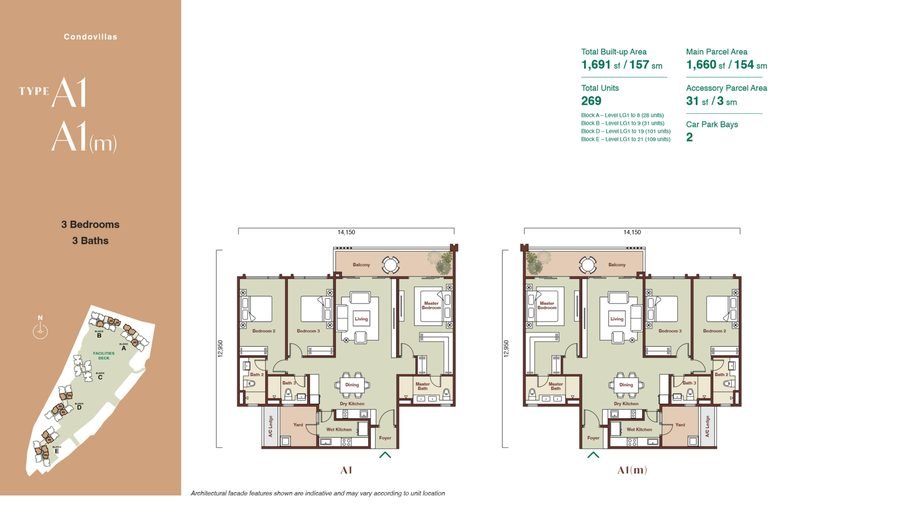 Floor plan of Zenia Condovilla Type A1 and its mirrored layout