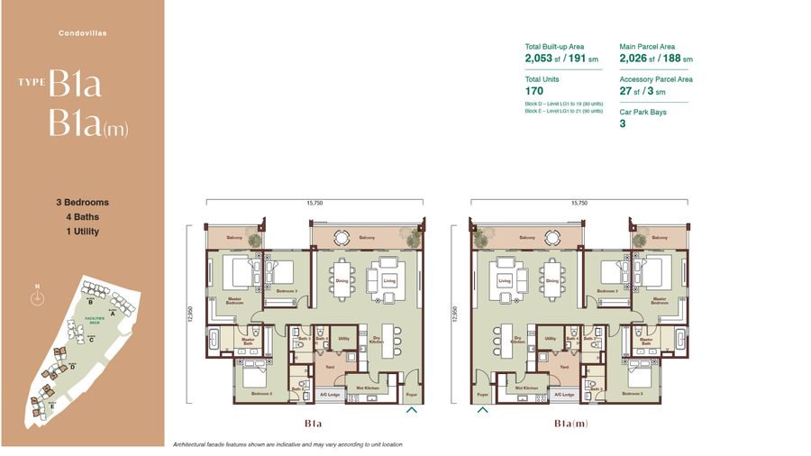 Floor plan of Zenia Condovilla Type B1a and its mirrored layout