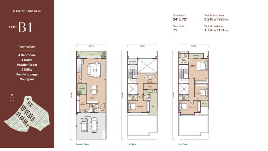 Floor plan of Zenia Parkhome Type B1, ground, first and second floors