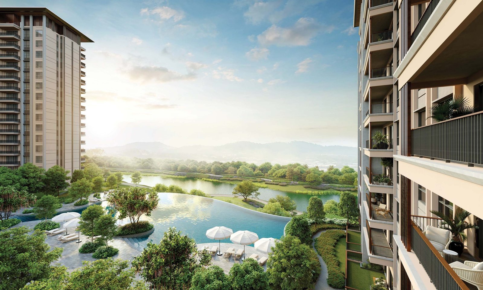 Zenia Condovillas pool deck looking out over the pond and hills, artist's impression