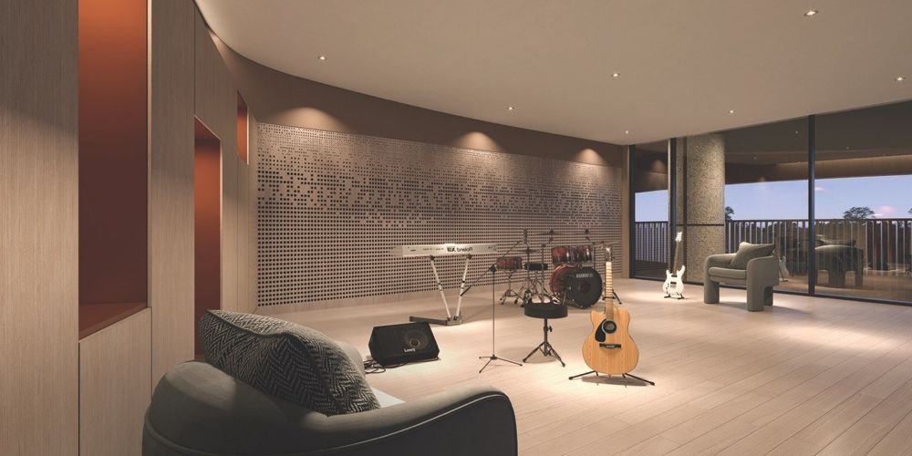 Music room with a drum kit, keyboard and guitars