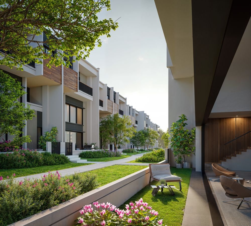 Row of Parkhomes facing a landscaped garden walk